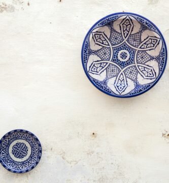 two white-and-blue ceramic dinnerware